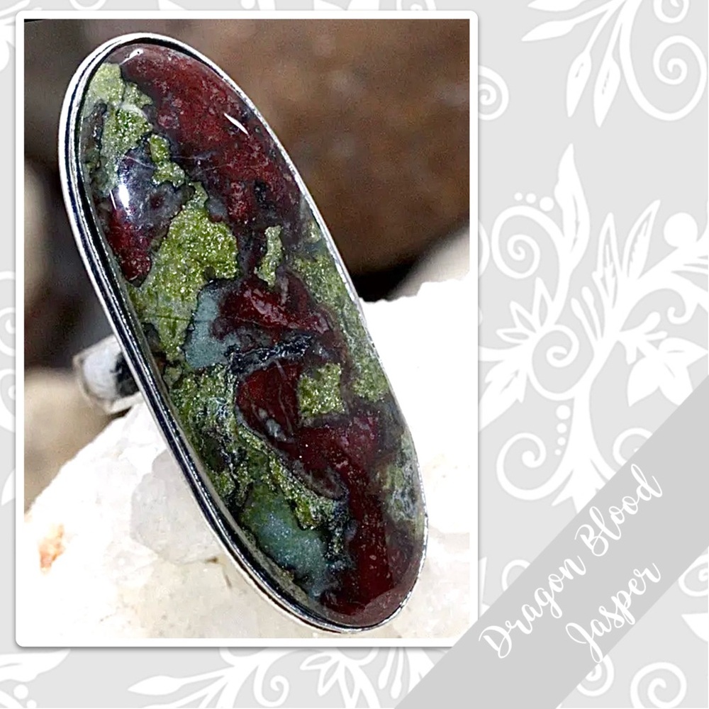 Dragon Blood Jasper Eclectic Silver Artisan Ring, Sz 6 Olive Green, Burgundy Red